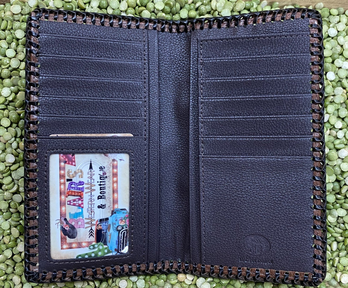 Men's Chocolate Tooled Leather Whipstitch Checkbook Wallet