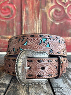 Men's Chocolate Tooled Turquoise Underlay Leather Belt