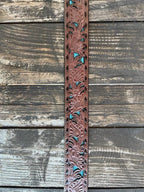 Men's Chocolate Tooled Turquoise Underlay Leather Belt