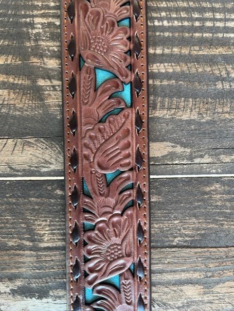 Men's Chocolate Tooled Turquoise Underlay Leather Belt