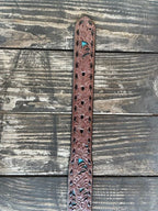 Men's Chocolate Tooled Turquoise Underlay Leather Belt