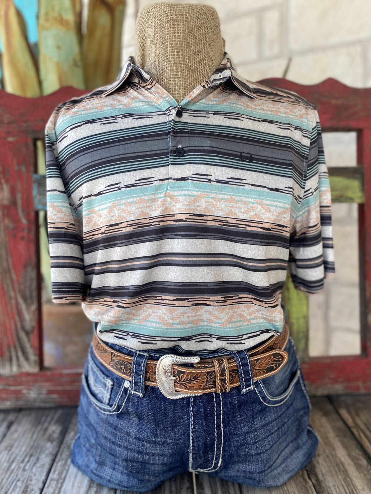 Men's Cinch Mint/Peach/Black Aztec Stripes Short Sleeve Pullover - MTK1865029 - BLAIR'S Western Wear located in Marble Falls TX