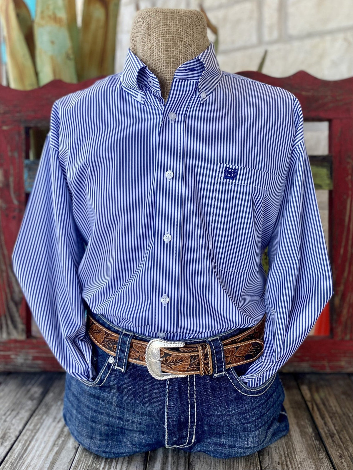 Men's Cinch Blue White Stripe Button Down Long Sleeve Shirt