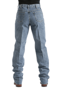 Rear view of a person wearing light blue straight-leg denim jeans with a black top and brown shoes, shown against a plain white background.