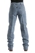 Rear view of a person wearing light blue straight-leg denim jeans with a black top and brown shoes, shown against a plain white background.