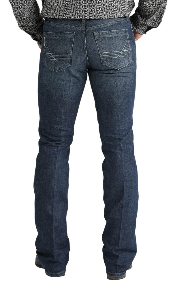 Men's slim fit stretch denim jean in medium-dark stonewash with boot-friendly leg opening — Blair's Western Wear Marble Falls TX