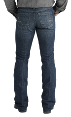 Men's slim fit stretch denim jean in medium-dark stonewash with boot-friendly leg opening — Blair's Western Wear Marble Falls TX