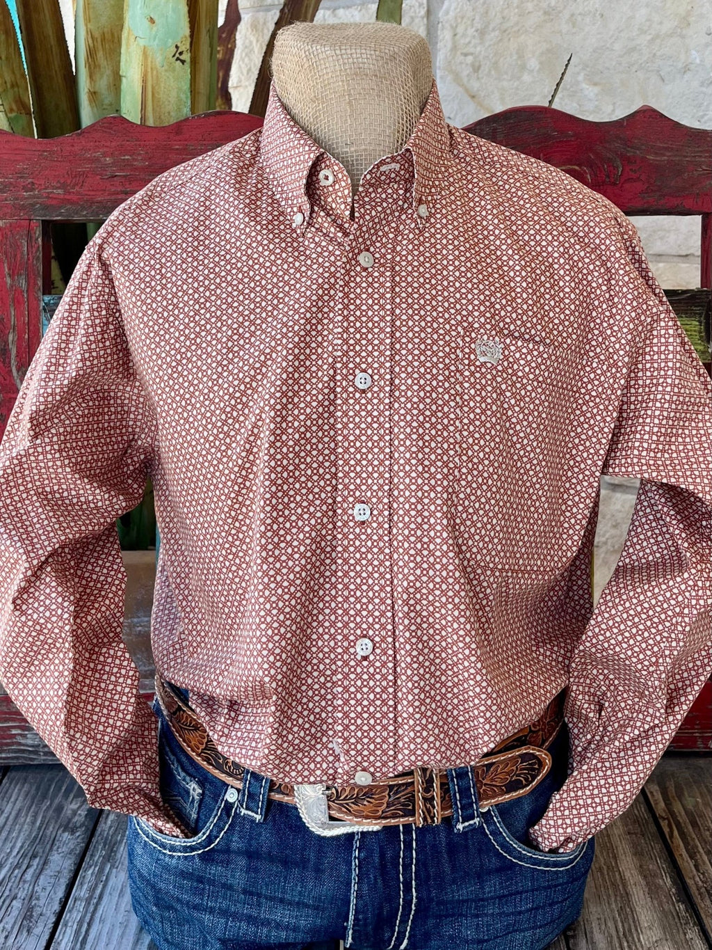 Men's CINCH Long Sleeve Button-Down Shirt in vibrant orange with geometric print, featuring cream contrast trim and an open left front pocket with embroidered logo - MTW1105845. Available at Blair's Western Wear, Marble Falls, TX.​