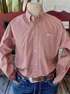 Men's CINCH Long Sleeve Button-Down Shirt in vibrant orange with geometric print, featuring cream contrast trim and an open left front pocket with embroidered logo - MTW1105845. Available at Blair's Western Wear, Marble Falls, TX.​