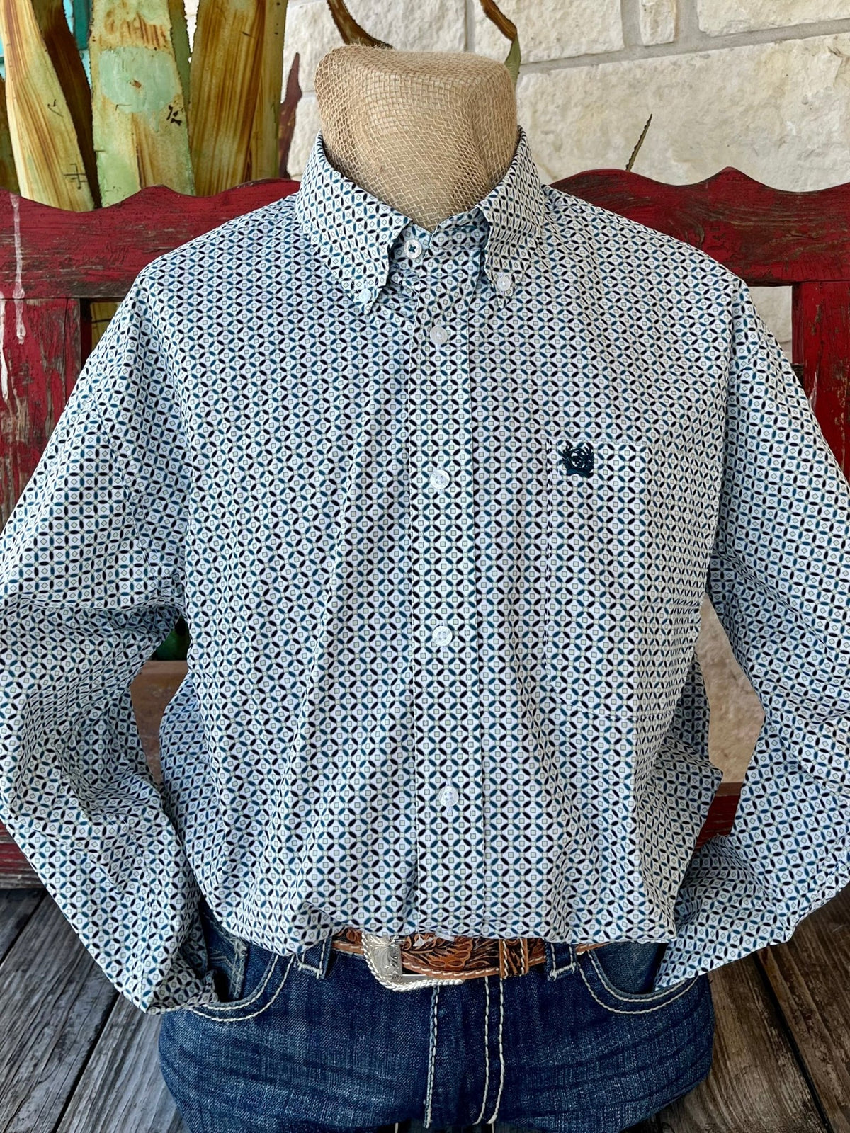 Men's Cinch Long Sleeve Button-Up Shirt in white, lime, black, and blue geometric print with teal plaid contrast trim - MTW1105863. Available at Blair's Western Wear, Marble Falls, TX.
