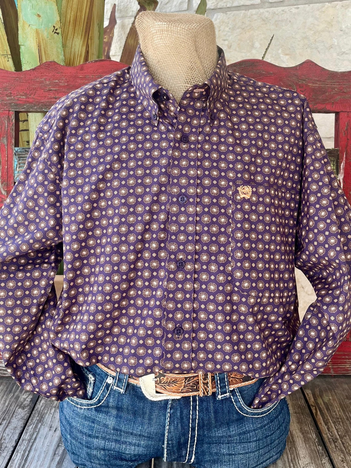 Men's CINCH Button-Down Shirt in plum and corral, featuring a navy medallion print and comfortable fit - MTW1105877. Available at Blair's Western Wear, Marble Falls, TX.