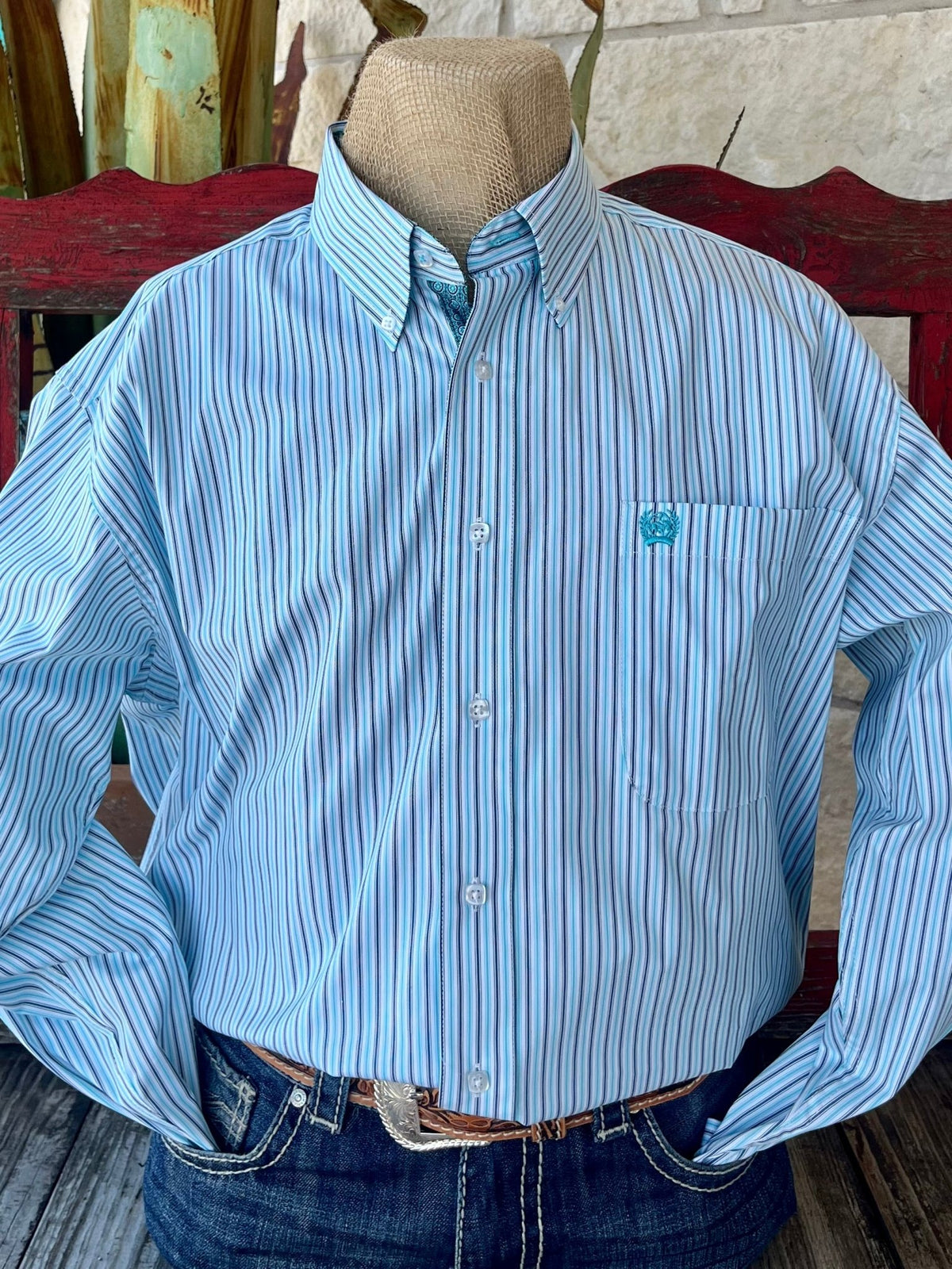 Men’s Cinch Western Shirt Striped Button-Down in Turquoise/Navy/White, Lightweight cotton fabric offers breathable comfort, with embroidered Cinch logo chest pocket for Western flair - MTW1105899. Available at Blair's Western Wear, Marble Falls, TX.