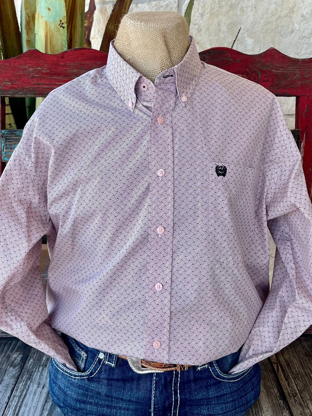 Men’s Cinch Western Shirt Button-Down Print Shirt in Light Pink/Black, lightweight cotton fabric for breathability, with embroidered Cinch logo detail on the chest - MTW1105913. Available at Blair's Western Wear, Marble Falls, TX.