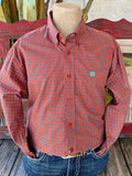 Men’s CINCH long sleeve button-down print shirt in brick and blue, made from breathable cotton with a bold geometric medallion pattern, featuring turquoise logo embroidery and red buttons – MTW1105935. Available at Blair’s Western Wear, Marble Falls, TX.