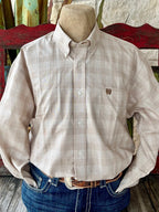 Men's Cinch Western Shirt Button-Down in Khaki Plaid, made from breathable cotton for all-day comfort, with an embroidered logo pocket for subtle branding - MTW1105940. Available at Blair's Western Wear, Marble Falls, TX.