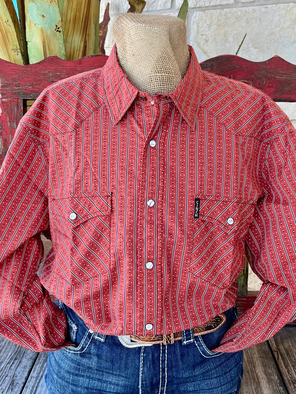 Men's CINCH Western Shirt in red, featuring modern geometric print and durable fabric, tailored for comfort with practical chest pocket - MTW1303084. Available at Blair's Western Wear, Marble Falls, TX.