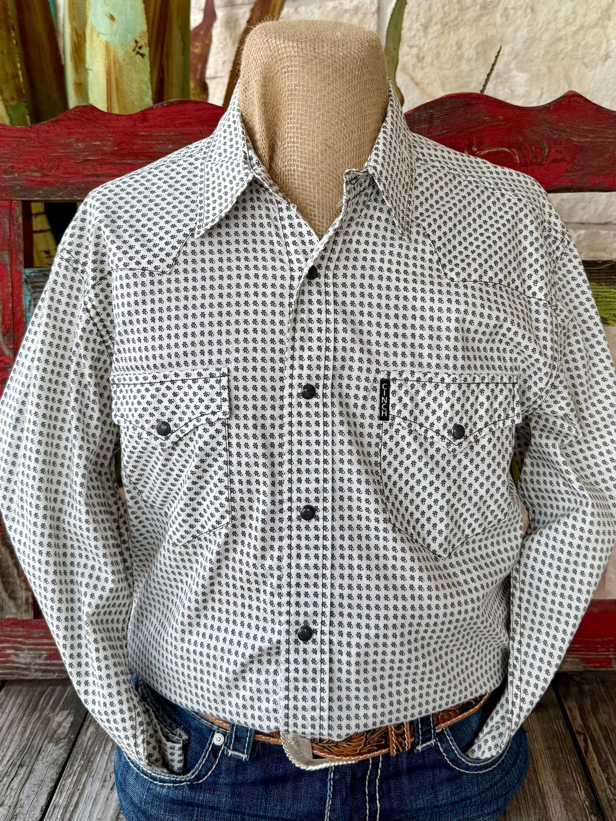 Men’s Cinch long sleeve western print shirt in natural and gray, crafted from breathable cotton, with western yokes and dual snap pockets - MTW1303091. Available at Blair's Western Wear, Marble Falls, TX.