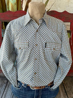 Men’s Cinch long sleeve snap front print shirt in natural, turquoise, and mustard, breathable cotton weave for all-day comfort, with secure snap chest pockets and classic western styling – MTW1303093. Available at Blair's Western Wear, Marble Falls, TX.