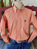 Men's Cinch Western Shirt in coral geometric print, featuring a classic fit design with extra-long sleeves and tails, and a single open left chest pocket with embroidered logo - MTW1105875. Available at Blair's Western Wear, Marble Falls, TX.
