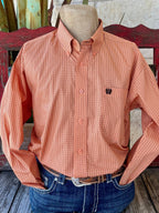 Men's Cinch Western Shirt in coral geometric print, featuring a classic fit design with extra-long sleeves and tails, and a single open left chest pocket with embroidered logo - MTW1105875. Available at Blair's Western Wear, Marble Falls, TX.