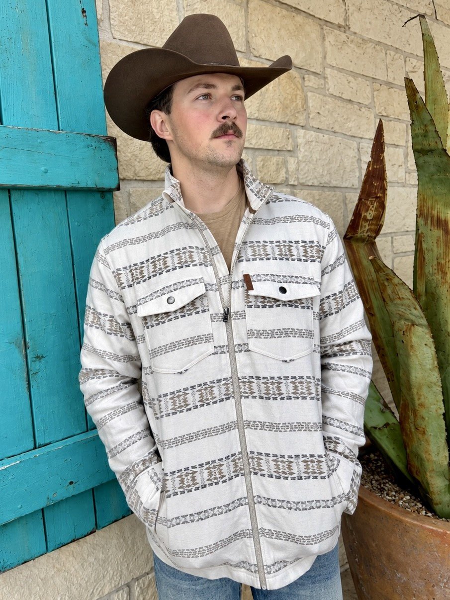 Men's natural cream and brown printed shacket with horizontal geometric bands, pointed collar, zip-front closure, two snap-flap chest pockets, side pockets, and long sleeves — Blair's Western Wear Marble Falls TX