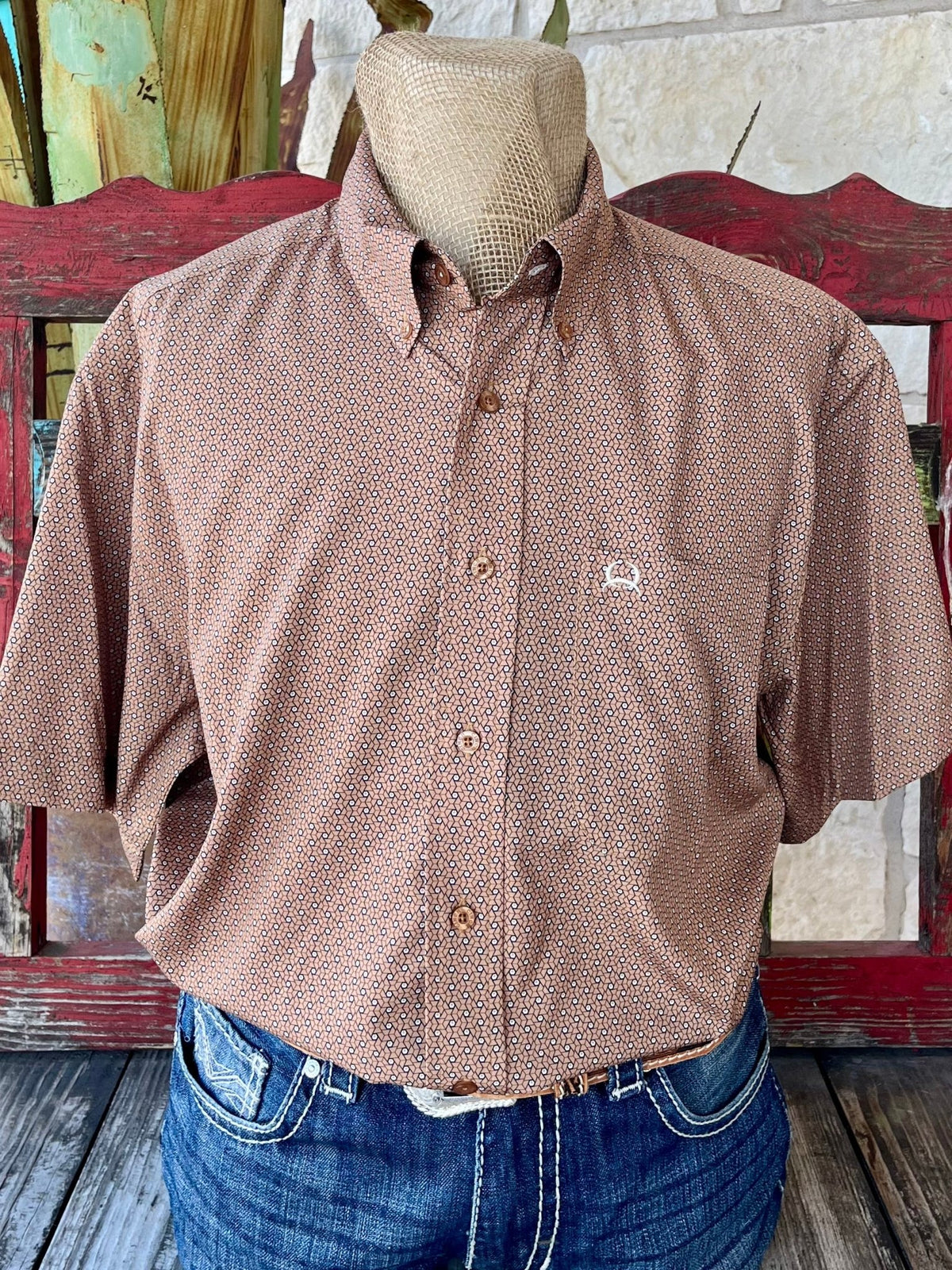 Men's CINCH Short-Sleeve Button-Down Shirt in brown with geometric print, lightweight fabric, and embroidered logo - MTW1704147. Available at Blair's Western Wear, Marble Falls, TX.