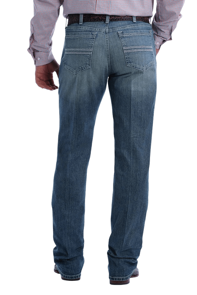 Men's medium stonewash slim straight-leg denim jeans with zig-zag back pocket embroidery and zip fly — Blair's Western Wear Marble Falls TX