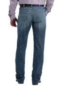 Men's medium stonewash slim straight-leg denim jeans with zig-zag back pocket embroidery and zip fly — Blair's Western Wear Marble Falls TX