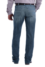 Men's medium stonewash slim straight-leg denim jeans with zig-zag back pocket embroidery and zip fly — Blair's Western Wear Marble Falls TX