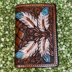 Men's Cognac Painted Feather Tooled Leather Trifold Wallet