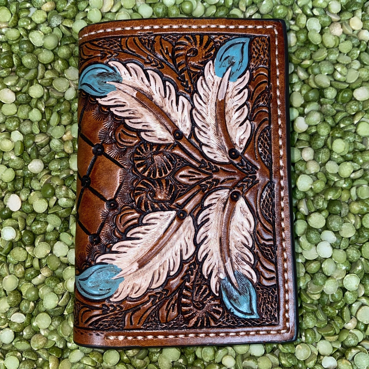 Men's Cognac Painted Feather Tooled Leather Trifold Wallet