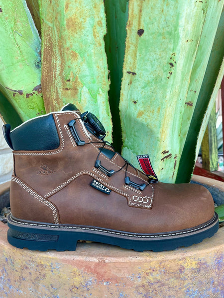 Men's Rocky Work Boots in Crazy Horse Brown, featuring BOA® Fit System and composite toe protection - RKK0493. Available at Blair's Western Wear, Marble Falls, TX.
