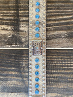 Men's Leather Belt With Inlayed Cowhide, Basket Weave Tooled Leather Overlay, Stud and Jewel Detailing, & Silver Conchos - N2442148 - Blair's Western Wear Marble Falls, TX