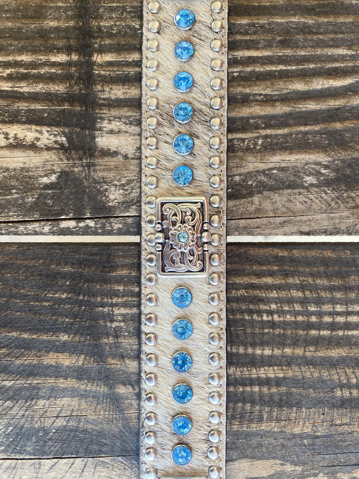Men's Leather Belt With Inlayed Cowhide, Basket Weave Tooled Leather Overlay, Stud and Jewel Detailing, & Silver Conchos - N2442148 - Blair's Western Wear Marble Falls, TX