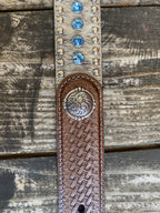 Men's Leather Belt With Inlayed Cowhide, Basket Weave Tooled Leather Overlay, Stud and Jewel Detailing, & Silver Conchos - N2442148 - Blair's Western Wear Marble Falls, TX