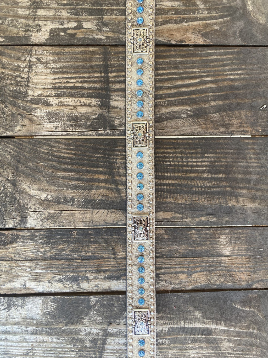 Men's Leather Belt With Inlayed Cowhide, Basket Weave Tooled Leather Overlay, Stud and Jewel Detailing, & Silver Conchos - N2442148 - Blair's Western Wear Marble Falls, TX