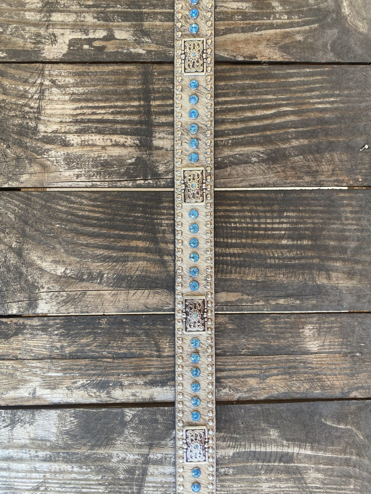 Men's Leather Belt With Inlayed Cowhide, Basket Weave Tooled Leather Overlay, Stud and Jewel Detailing, & Silver Conchos - N2442148 - Blair's Western Wear Marble Falls, TX