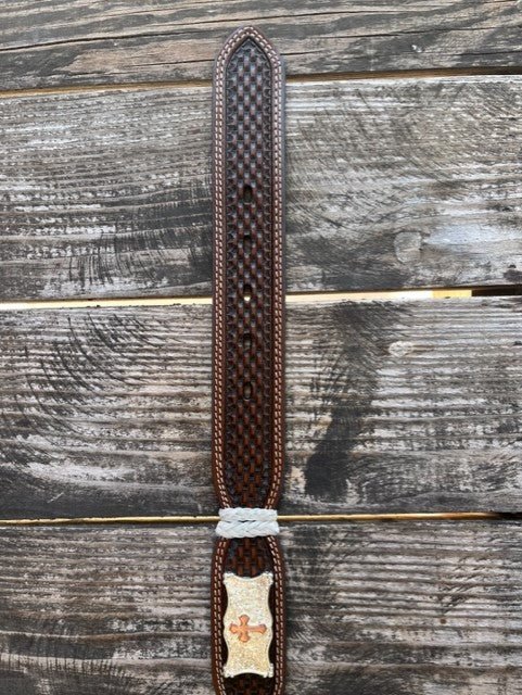 Men's Basket Weave Tooled Leather Belt in Brown & White With Etched Cross Conchos - 1805 - Blair's Western Wear Marble Falls, TX