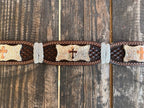 Men's Basket Weave Tooled Leather Belt in Brown & White With Etched Cross Conchos - 1805 - Blair's Western Wear Marble Falls, TX