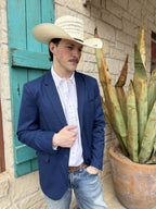 Dark blue plaid men's western sport coat with stretch-blend fabric and front pocket flaps — Blair's Western Wear Marble Falls TX