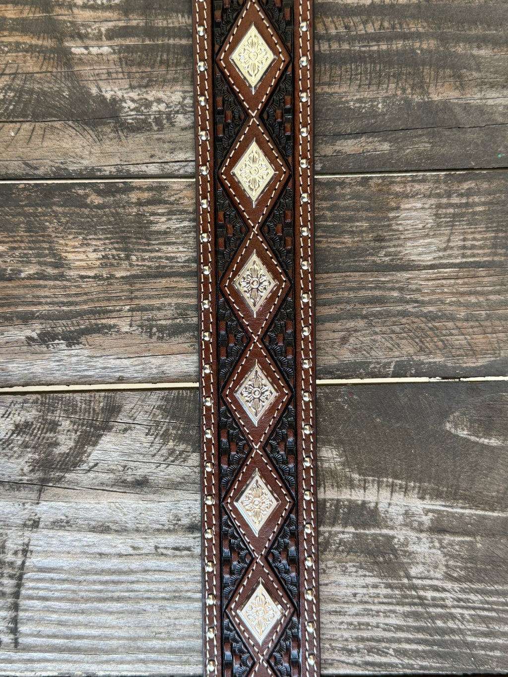 Men's Dark Chocolate Basketweave Belt with Diamond Conchos