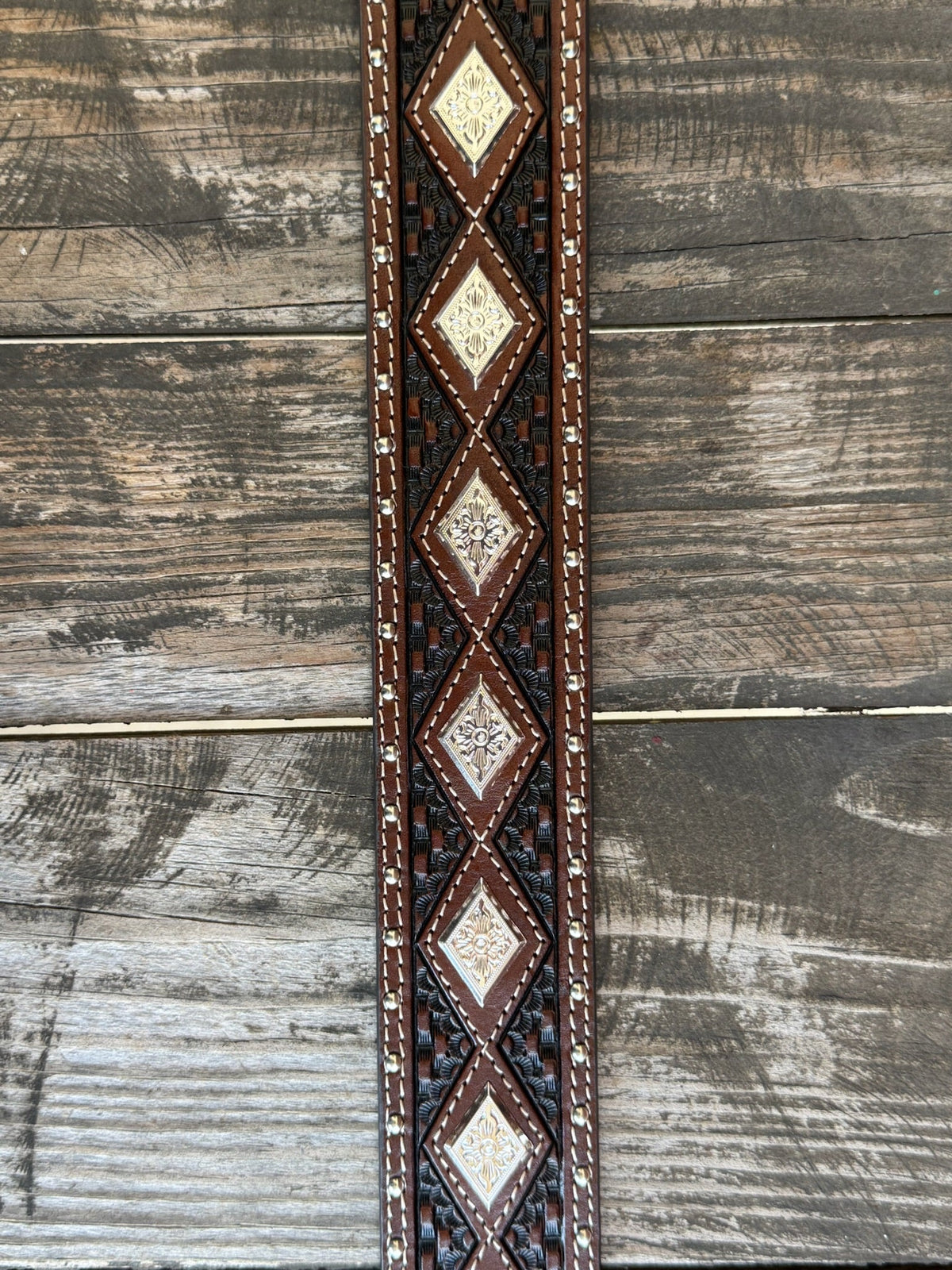 Men's Dark Chocolate Basketweave Belt with Diamond Conchos