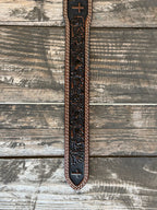 Men's Dark Chocolate Wide Floral Tooled Leather Belt with Cross Accents