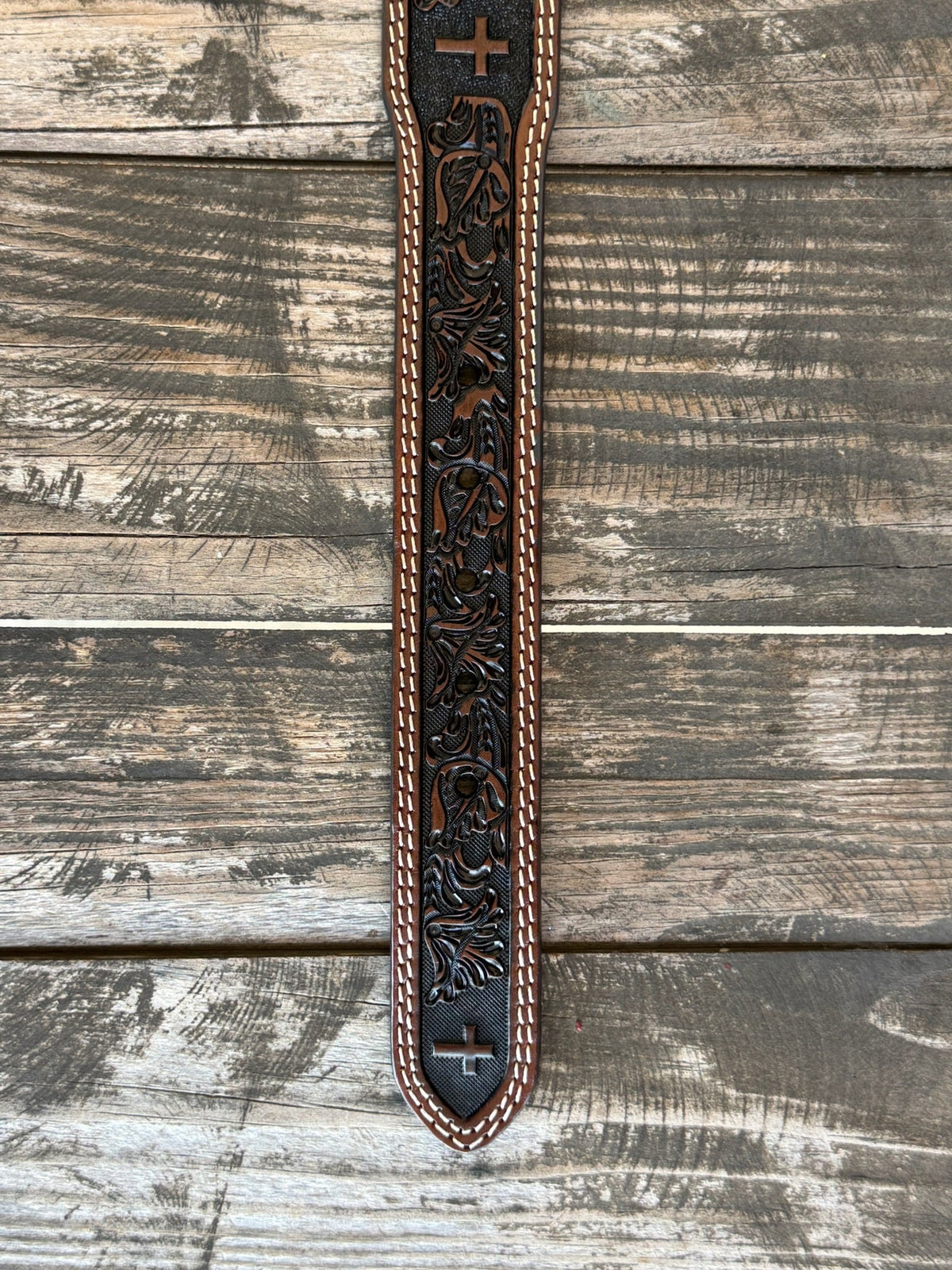 Men's Dark Chocolate Wide Floral Tooled Leather Belt with Cross Accents