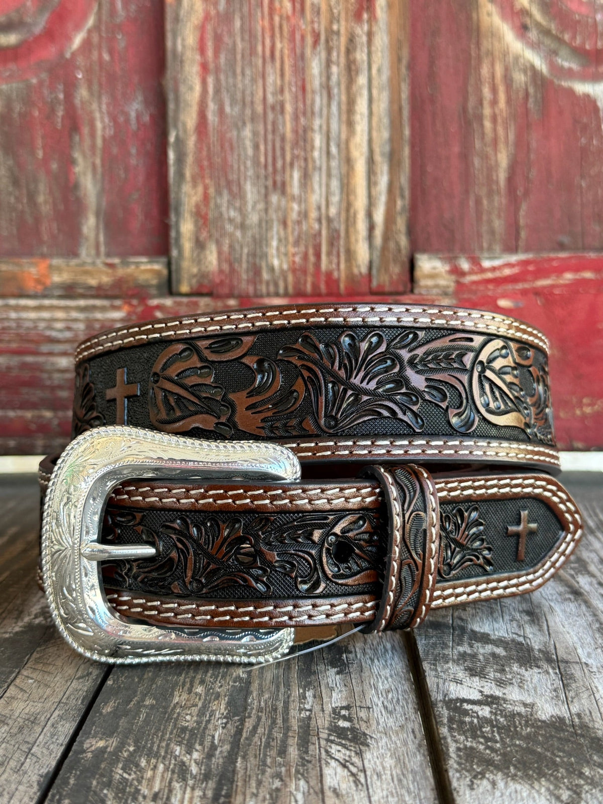 Men's Dark Chocolate Wide Floral Tooled Leather Belt with Cross Accents