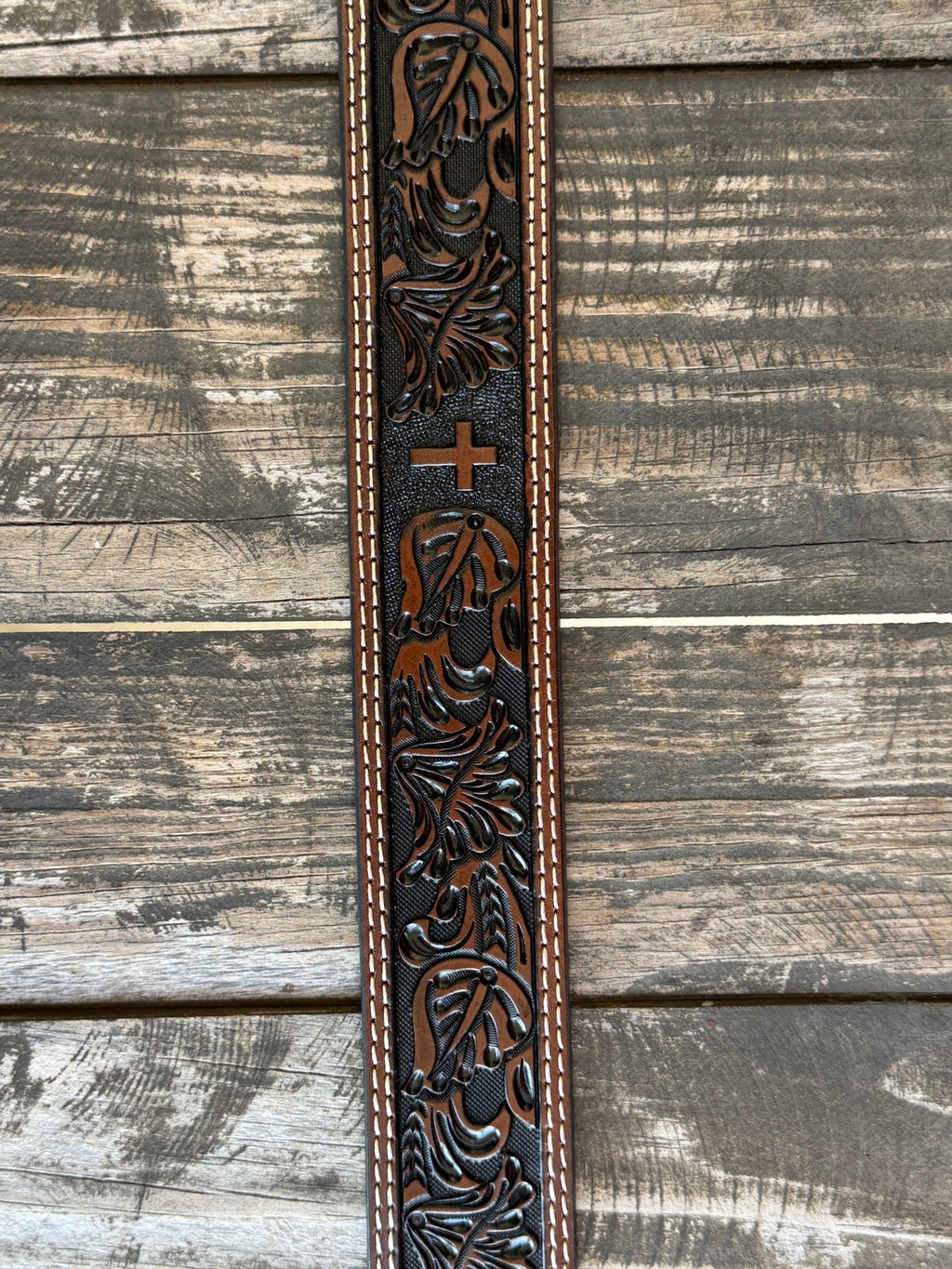 Men's Dark Chocolate Wide Floral Tooled Leather Belt with Cross Accents