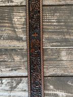Men's Dark Chocolate Wide Floral Tooled Leather Belt with Cross Accents