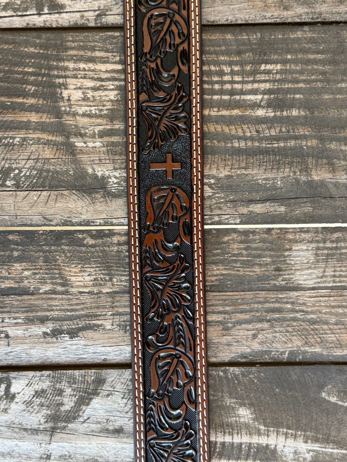 Men's Dark Chocolate Wide Floral Tooled Leather Belt with Cross Accents