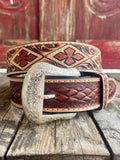 Western Fashion Accessories Tool Diamond Clover Belt in natural brown, featuring a hand-tooled diamond and clover pattern with a removable silver engraved buckle - BT1299. Available at Blair's Western Wear, Marble Falls, TX.