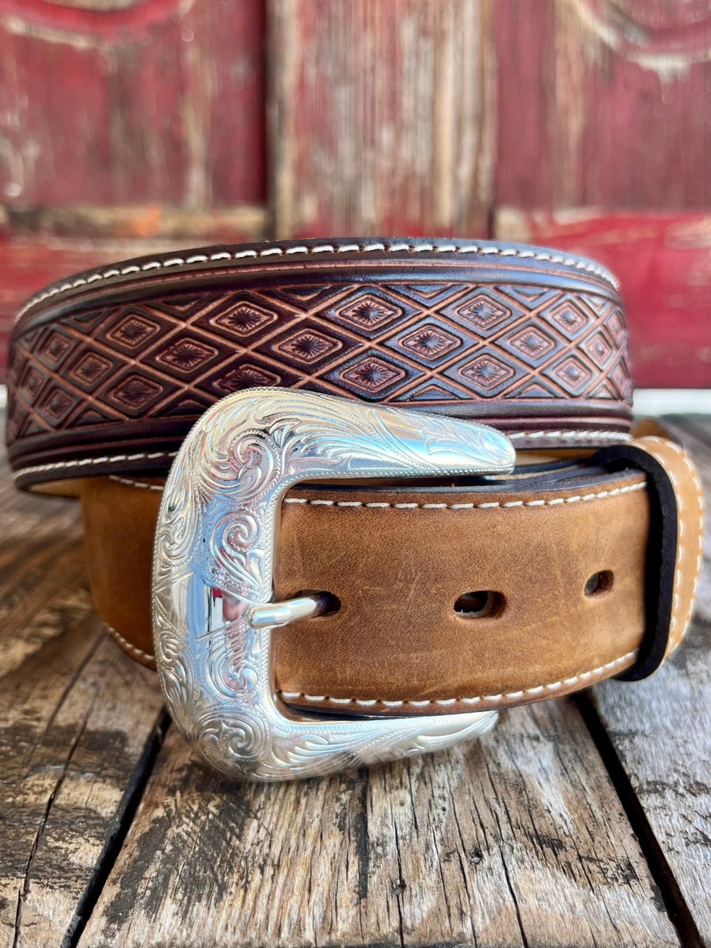 Men's Leegin Belt Company Belt Diamond Tool in brown, handcrafted with intricate diamond tooling, enhanced with a durable silver-toned buckle - C14185. Available at Blair's Western Wear, Marble Falls, TX.